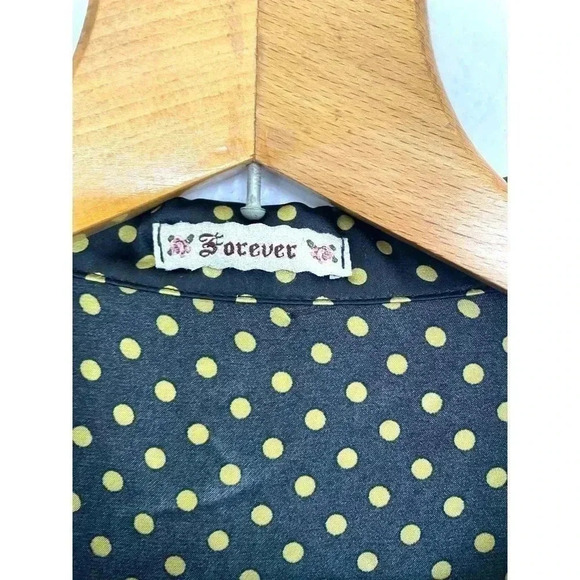 Forever Women's Black Shiny Blouse Elastic Waist Yellow Polka Dots Medium Retro - Picture 3 of 8